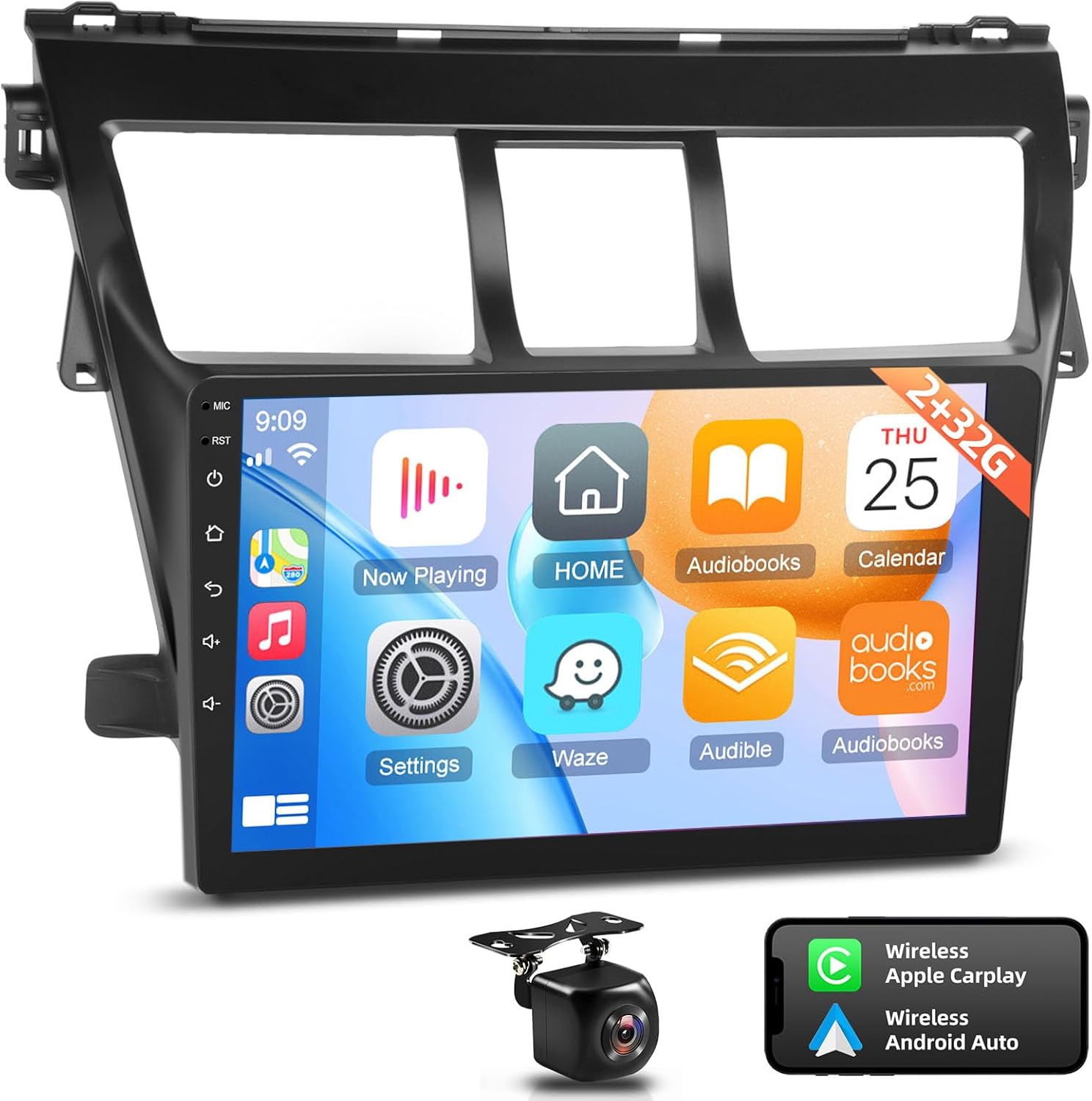 BRAND, CATEGORY, IN-DASH NAVIGATION, NHOPEEW, [2+32G] Android 13 Car Stereo for Toyota Vios Yaris 2007 2008 2009 2010 2011 2012 - Wireless Apple Carplay &Android Auto - 9 inch Touchscreen DSP Audio - WiFi GPS Navigation + AHD Backup Camera + Mic