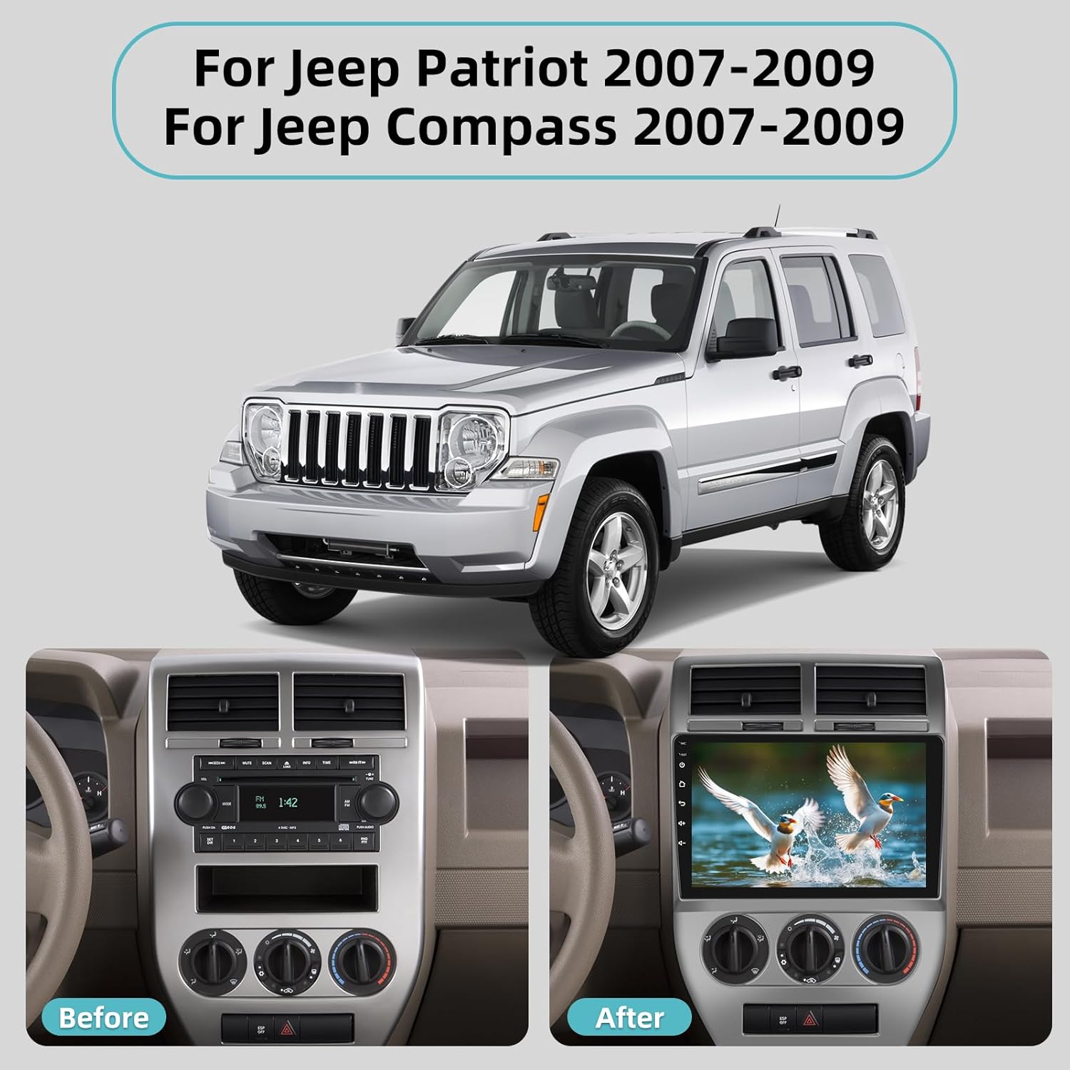 BRAND, CATEGORY, IN-DASH NAVIGATION, NHOPEEW, [2+32G] Android Car Radio for Jeep Patriot and for Jeep Compass 2007 2008 2009, 10 inch Touch Screen with Apple CarPlay & Android Auto, GPS, WiFi, EQ, USB, SWC + AHD Backup Camera