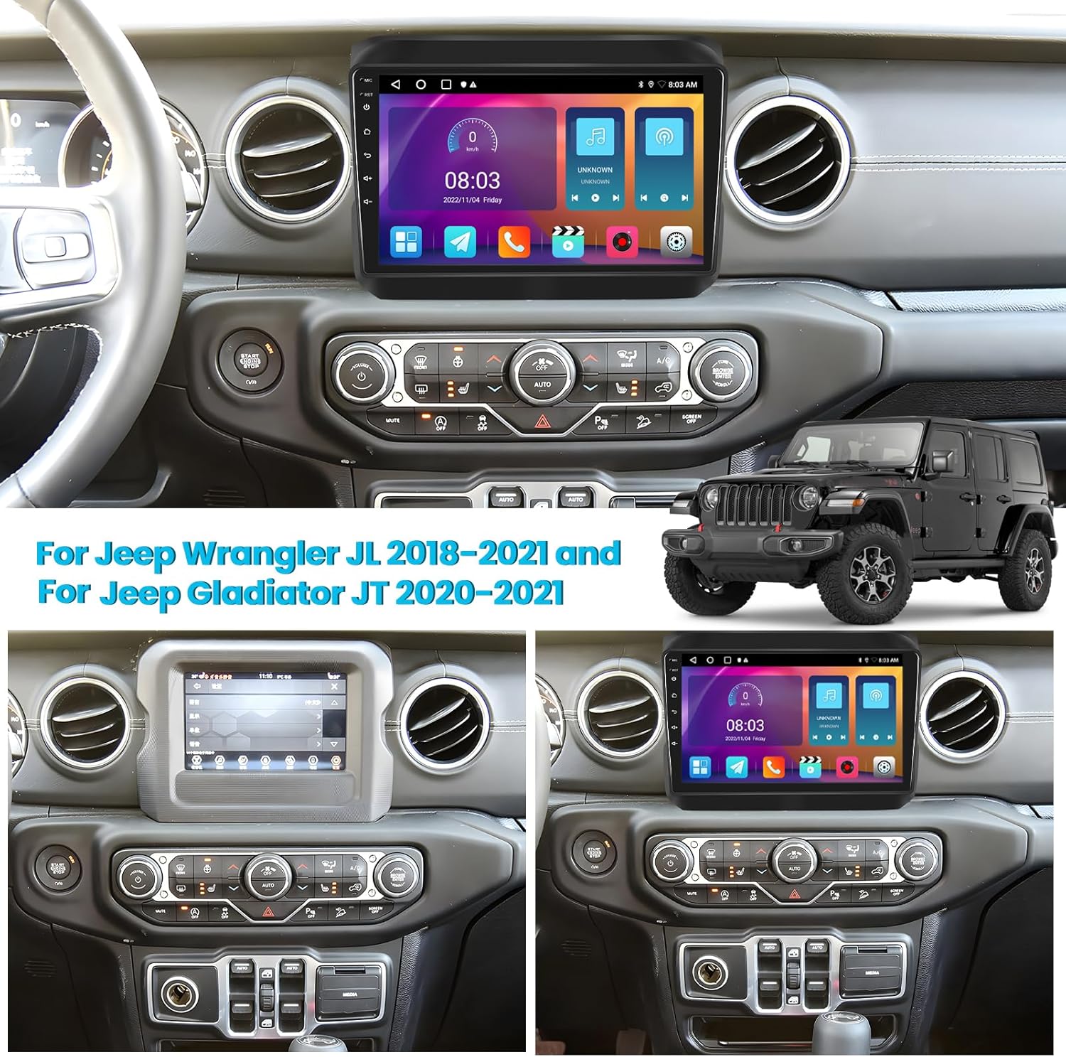 BRAND, CATEGORY, IN-DASH NAVIGATION, NHOPEEW, [2+32G] Android Car Stereo for Jeep Wrangler JL 2018-2021 / Gladiator JT 2020-2021 Wireless Apple Carplay and Android Auto, 9 Inch Touchscreen in-Dash GPS Headunit with DSP + AHD Backup Camera