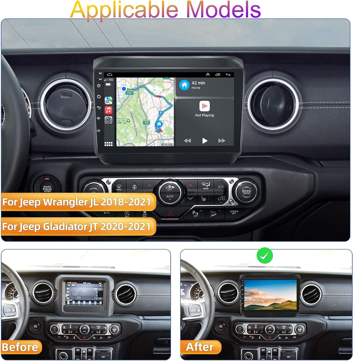 BRAND, CATEGORY, IN-DASH NAVIGATION, NHOPEEW, [2+32G] NHOPEEW Android 13 Car Stereo for for Jeep Wrangler JL 2018-2021 / Gladiator JT 2020-2021 - Apple Carplay and Android Auto, 9 inch Touchscreen Radio with AHD Backup Camera/Mic/DSP