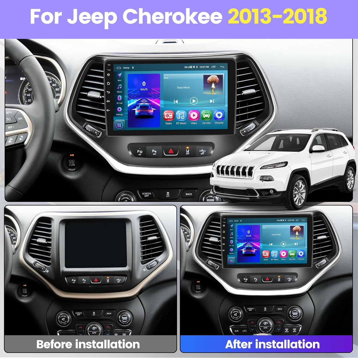 BRAND, CATEGORY, IN-DASH NAVIGATION, NHOPEEW, [2+64G] Android 13 Car Radio for Jeep Cherokee 2013-2018, 10.1 Inch Touchscreen Car Stereo with Apple Carplay/Android Auto/EQ/Bluetooth/SWC + AHD Backup Camera + MIC