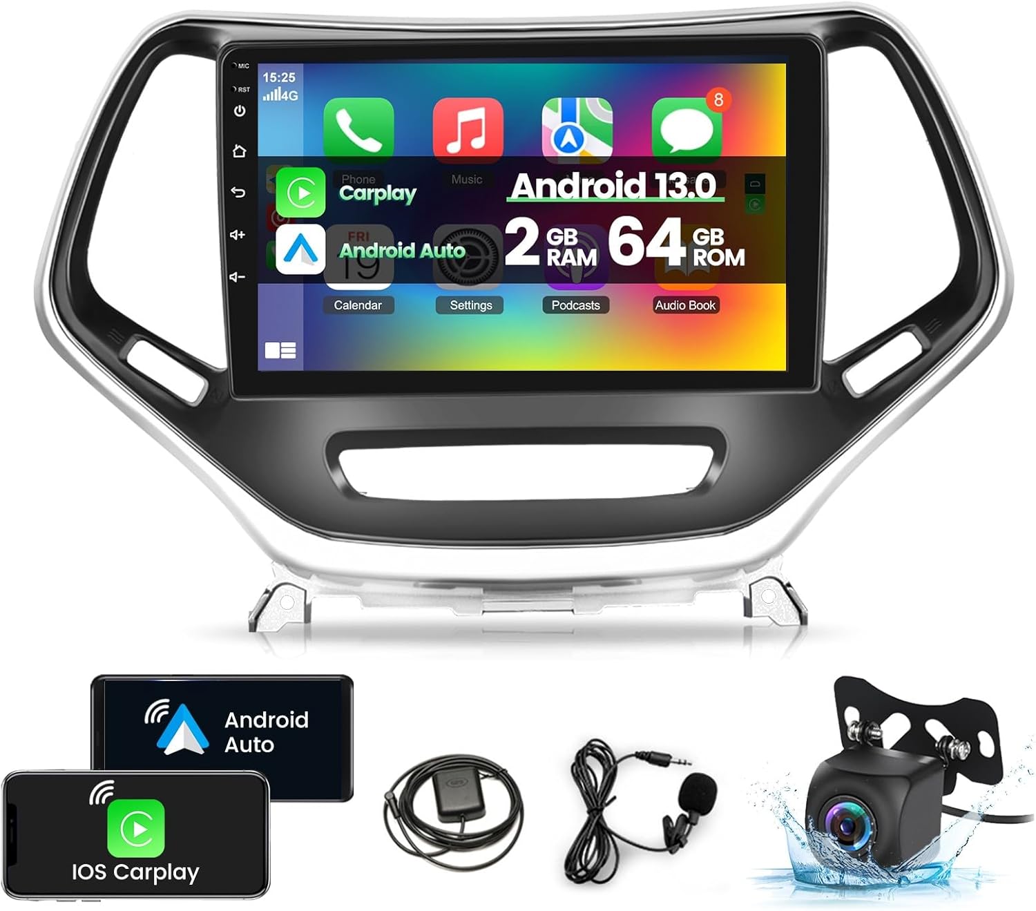 BRAND, CATEGORY, IN-DASH NAVIGATION, NHOPEEW, [2+64G] Android 13 Car Radio for Jeep Cherokee 2013-2018, 10.1 Inch Touchscreen Car Stereo with Apple Carplay/Android Auto/EQ/Bluetooth/SWC + AHD Backup Camera + MIC