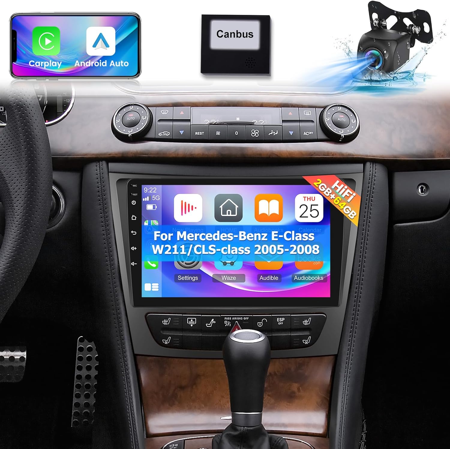 BRAND, CATEGORY, IN-DASH NAVIGATION, NHOPEEW, [2+64G] Android 13 Car Radio for Mercedes-Benz E-Class W211 / CLS-Class 2005-2008 - 9 Inch Touchscreen HiFi Audio - Wireless Carplay and Android Auto/WiFi/GPS/Mirror Link/SWC + AHD Backup Camera