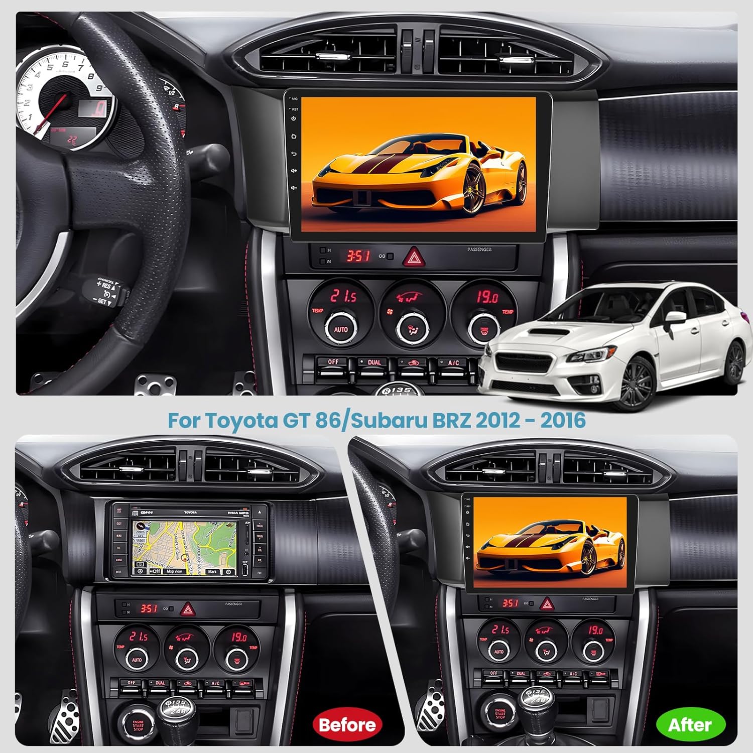 BRAND, CATEGORY, IN-DASH NAVIGATION, NHOPEEW, [2+64G] Android 13 Car Radio for Toyota GT86 / Subaru BRZ 2012 2013 2014 2015 2016-9 inch Touchscreen Stereo with Apple Carplay & Android Auto/Wi-Fi/Bluetooth + AHD Backup Camera + Mic