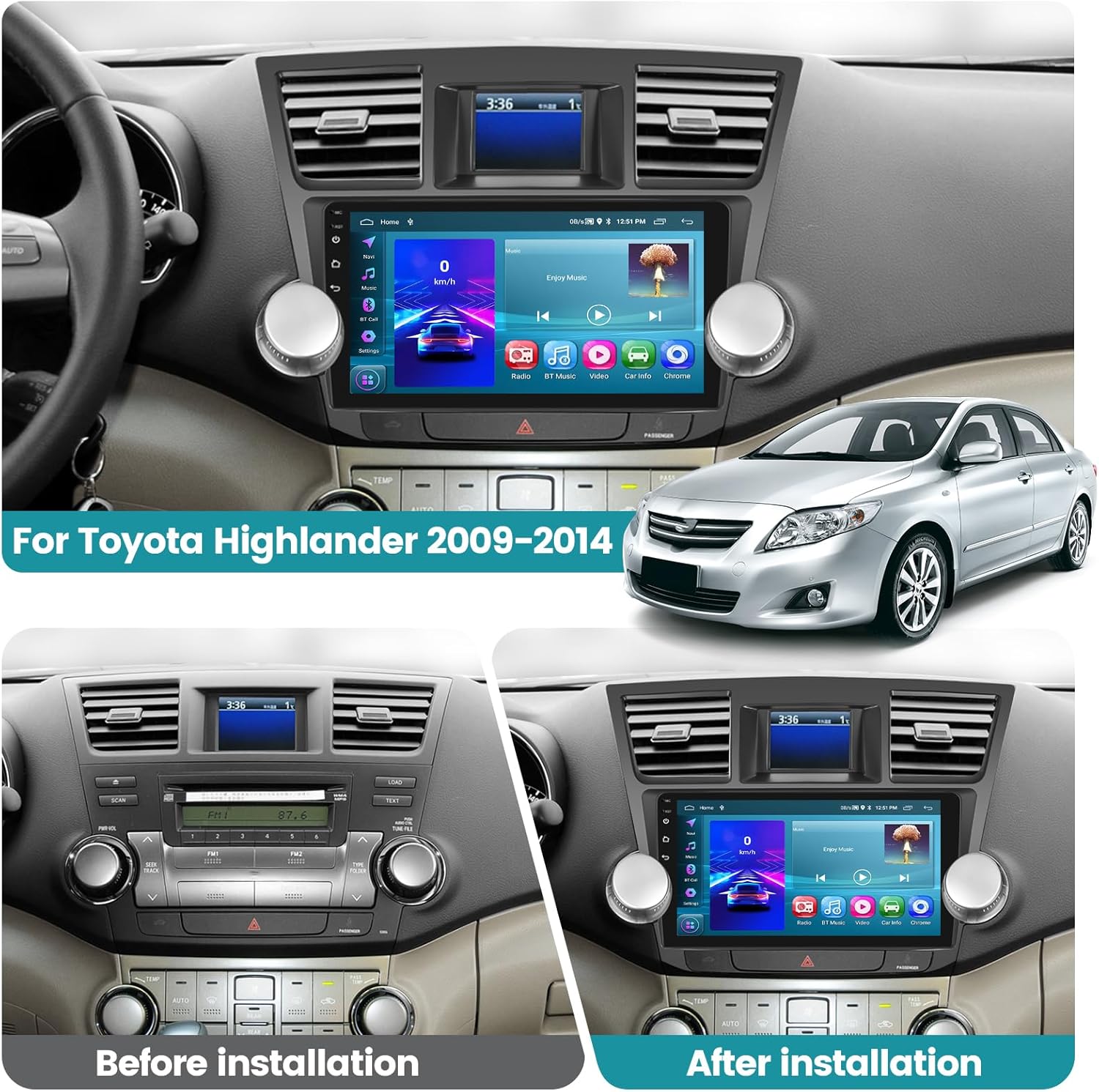 BRAND, CATEGORY, IN-DASH NAVIGATION, NHOPEEW, [2+64G] Android 13 Car Radio for Toyota Highlander 2009-2014 with Apple Carplay Android Auto, 10.1 Inch Head Unit with WiFi GPS SWC + AHD Backup Camera