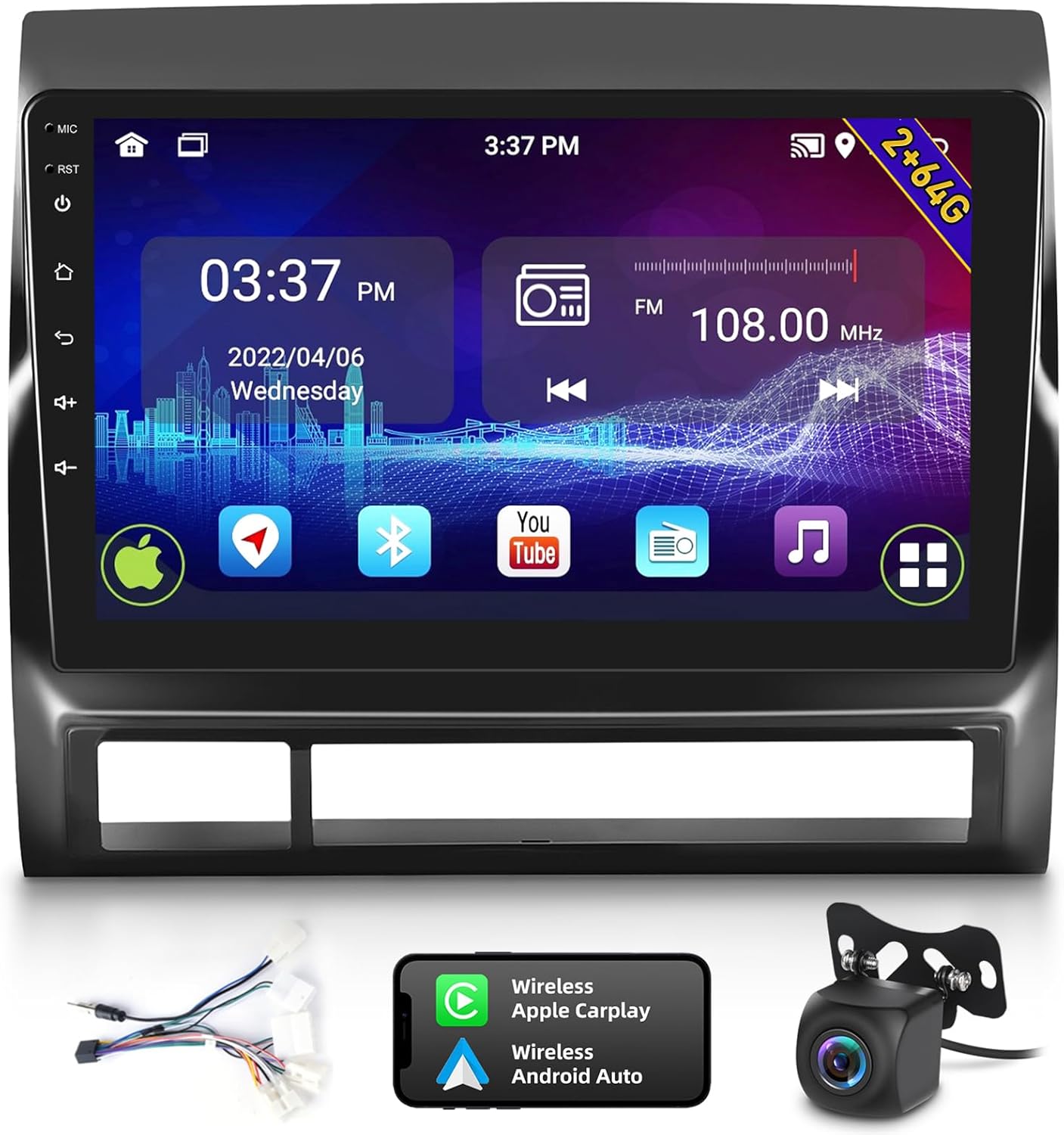 BRAND, CATEGORY, IN-DASH NAVIGATION, NHOPEEW, [2+64G] Android 13 Car Radio for Toyota Tacoma 2005-2013 - Wirelss Carplay & Android Anto - 9 inch Touchscreen Android Car Stereo WiFi GPS Navigation Steering Wheel Control + AHD Backup Camera