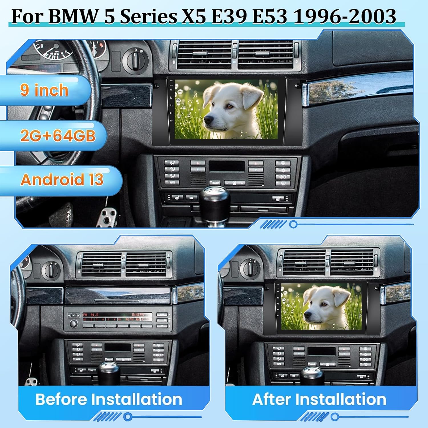 BRAND, CATEGORY, IN-DASH NAVIGATION, NHOPEEW, [2+64G] Android 13 Car Stereo for BMW 5 Series X5 E39 M5 E38 E53 1996-2003 - Apple Carplay & Android Auto - 9 Inch HD Touchscreen EQ Audio - Mirror Link GPS WiFi SWC + AHD Backup Camera + Canbus