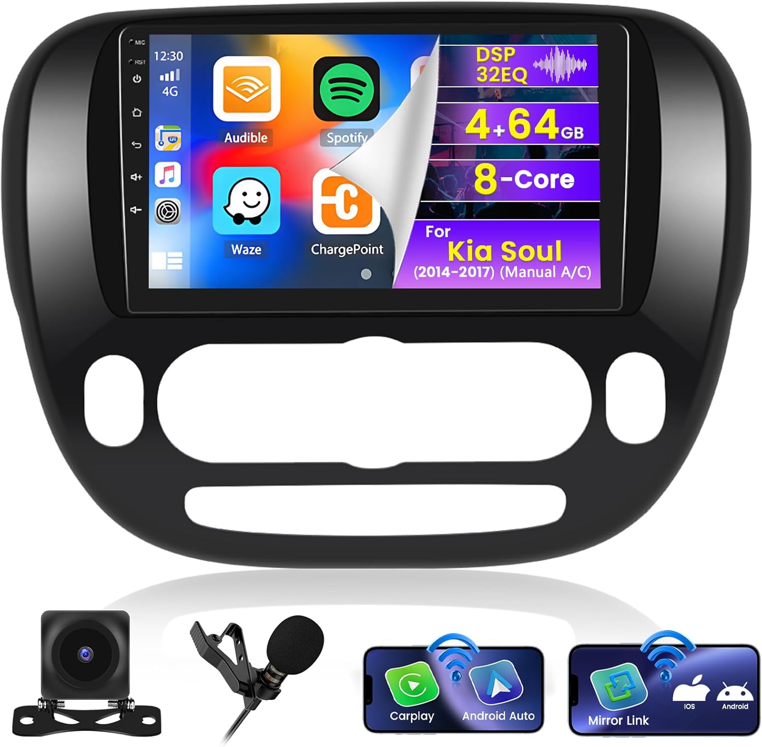 BRAND, CATEGORY, IN-DASH NAVIGATION, ROINVOU, (Manual A/C) Roinvou 2+64G Android 13 CarPlay Stereo for 2014-2017 Kia Soul, Wireless CarPlay Radio with Android Auto, 9'' Touch Screen in-Dash GPS Navigation Support Mirror Link BT HiFi WiFi RDS SWC